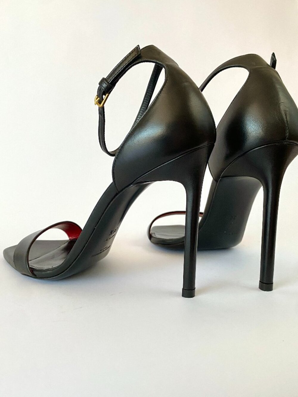 Saint Laurent Amber 105 Ankle Strap Sandals Black Leather Stiletto Heels | New